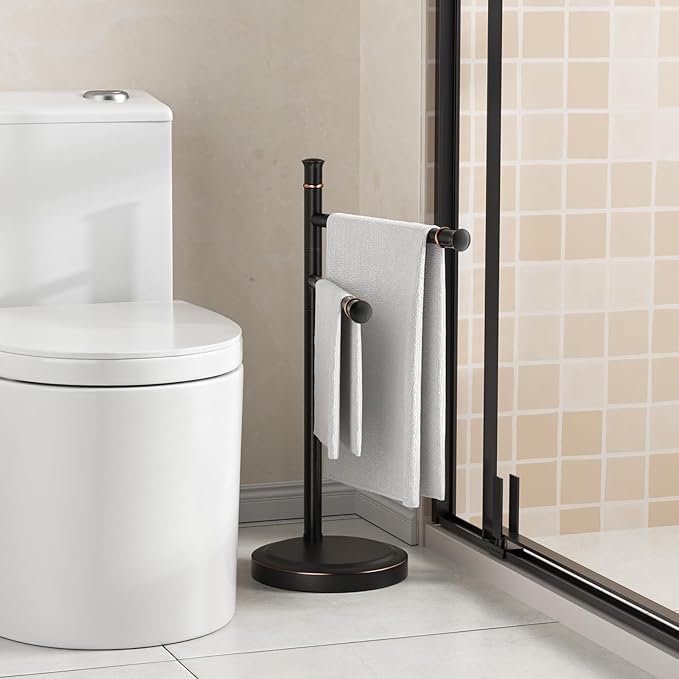 16 Inch Oil Rubbed Bronze Stand Towel Bar Free Standing Hand Towel Holder for Bathroom, 2 Swivel Arms Towel Rack Towel Ring Hardware Accessories for Kitchen Vanity Countertop Stainless Steel