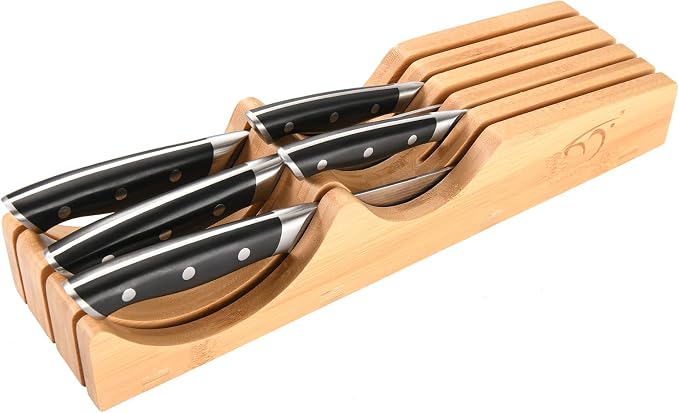 In-Drawer Knife Block with 5 Pieces Japanese Damascus Knives, Bamboo Knife Drawer Organizer with 67-Layer Damascus Steel, Perfect for Home and Chefs, Slots for 5 Knives Kitchen Drawer, Counter Top