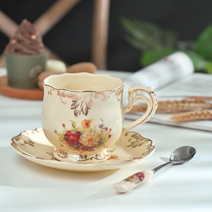 YOLIFE Tea Cup and Saucer Set, 8 oz Tea Cup Set, Teacup, Ceramic Tea Cup with Saucer Spoon, Ivory Vintage Flowering Shrubs with Gold Leaves Trim, Gifts for Women