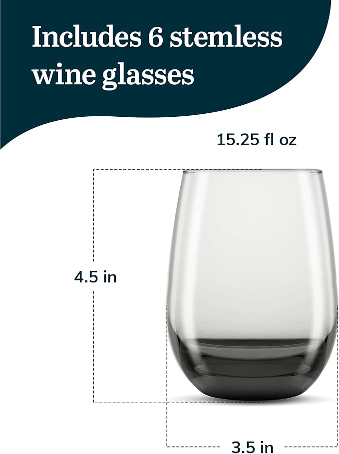 Libbey Classic Smoke All-Purpose Stemless Wine Glass Set, Timeless Wine Glasses Set of 6, 15.25 Oz, Stemless Drinking Glasses Set for Dinners, Weeknights