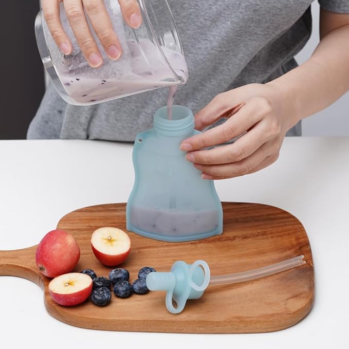 haakaa Silicone Yummy Pouch 4.5 oz – Reusable Silicone Snack & Smoothie Pouch, Refillable, Leak-Resistant, Dishwasher Safe, Eco-Friendly Food Storage for Kids & Toddlers (2-PK, Mist Blue)