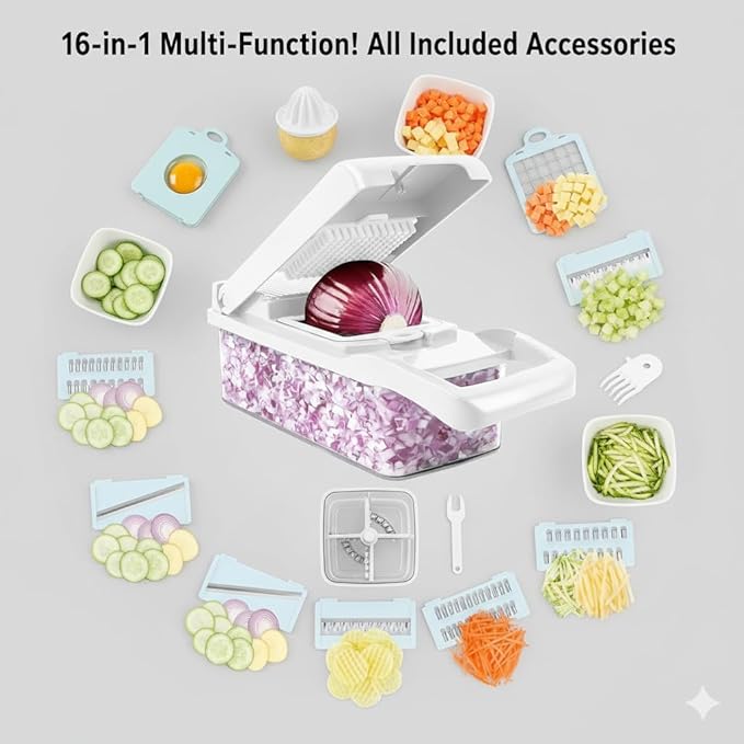 Garlic Crusher & 16-in-1 Vegetable Chopper Bundle – Stainless Steel Garlic Press with Multifunction Mandoline Slicer, Onion Chopper, Food Processor & Kitchen Prep Tools