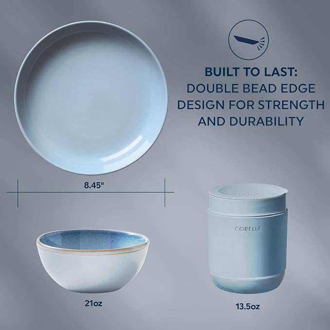 Corelle Stoneware Dinnerware Set, Handmade Reactive & Solid Glazed Ceramic Plates and Bowls, Modern Rustic Style Round Dishes, Service for 4, Nordic Blue 16 PIECE SET