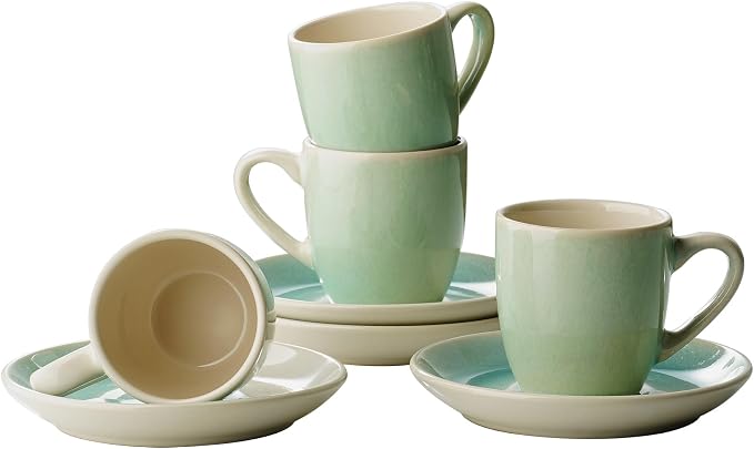 famiware Glacier Espresso Cups with Saucers Set of 4, 3oz Espresso Cup Set, Coffee Mug Set for Latte, Macchiato, Stoneware Demitasse Cups Set for Cafe, Microwave&Dishwasher Safe, Aqua