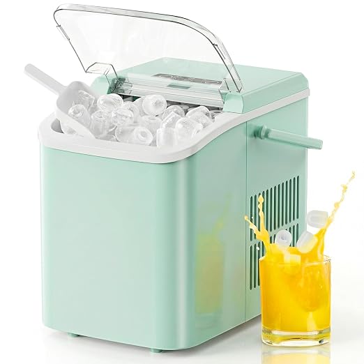 NEWBULIG Countertop Ice Maker Machine with Handle, Portable Bullet Ice Maker Produces 9 Cubes in 6 Minutes, 26 lbs per 24 Hours, Includes Basket & Scoop, for Home Kitchen RV Camping Party, Green
