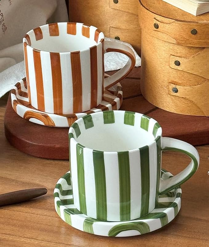 Cup and Saucer Set Hand-Painted Green Stripes, 8 Oz Ceramic Coffee Mug, Espresso Cups, Porcelain Coffee Cup for Cappuccino, Espresso, Coffee, Tea, Cafe Mocha, Latte, Set of Cup Gift for Coffee Lover