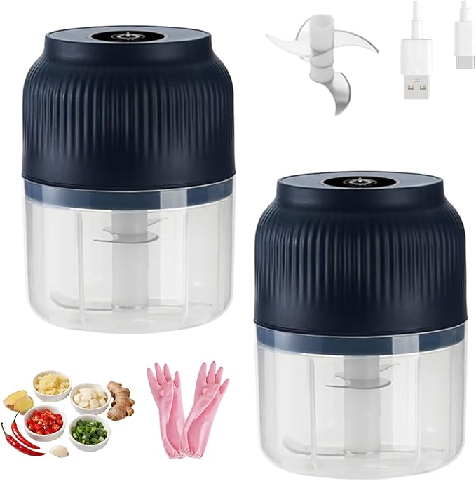Household Electric Garlic Crusher, Electric Garlic Chopper, Usb Rechargeable Chopper With Stainless Steel Blades, One-Touch Mini Kitchen Helper, Easy To Clean, For Vegetables (Blue*2, 4 blades)