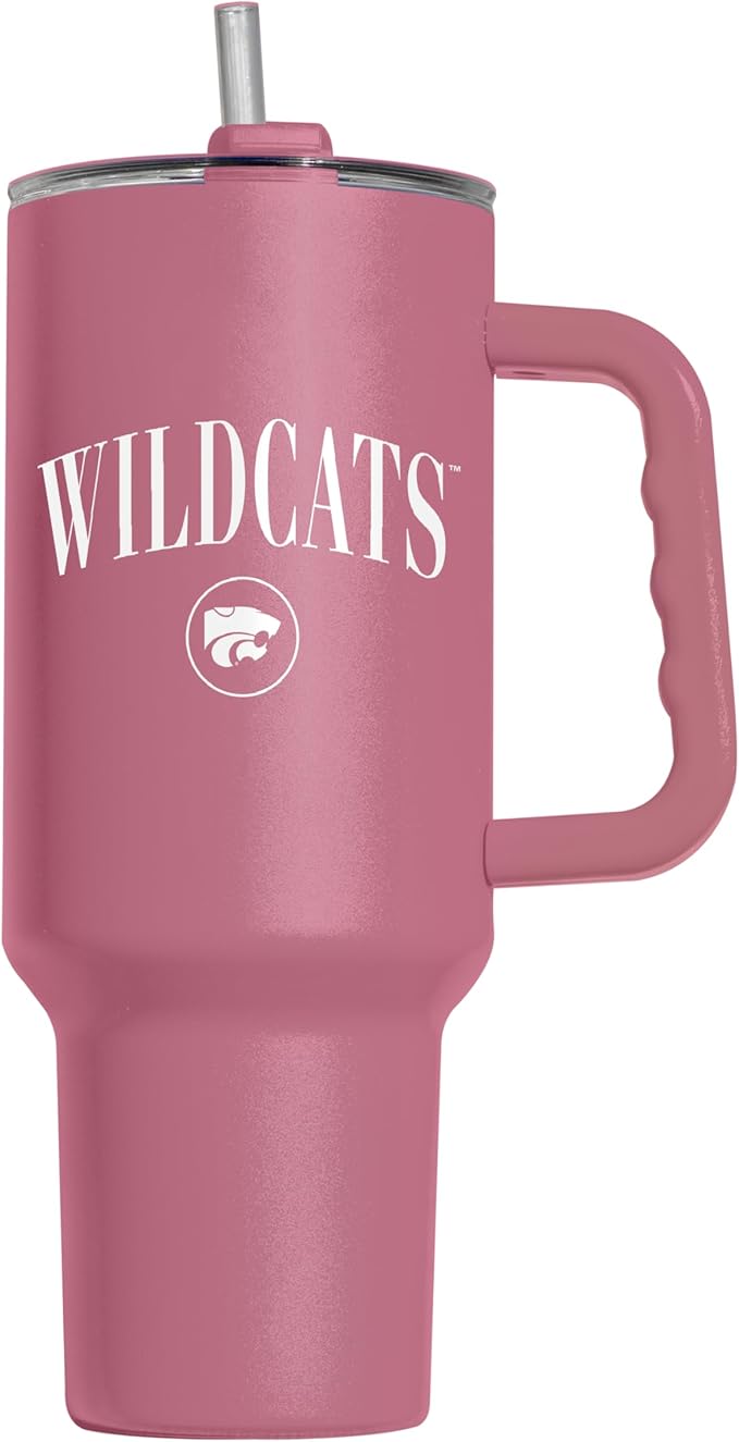 Logo Brands NCAA Kansas State Wildcats Berry 40 oz Tumbler with Handle - Stylish Everyday Use Powder Coated-Stainless Steel with Straw- Keeps Cold For Hours