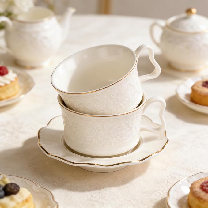 KAMMAK Tea Cups and Saucers Set of 2, Porcelain Coffee Cups with Saucers, Ceramic Espresso Mugs for Coffee, Latte, Americano, Tea, 7.8oz Elegant Teacup and Saucer (YFH3)