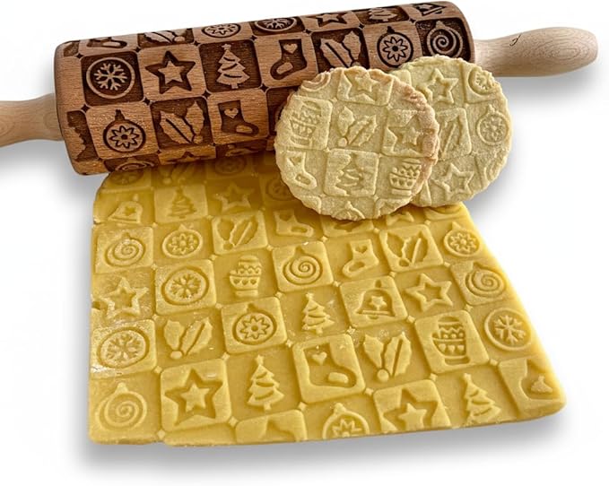 CHRISTMAS TILES Embossing Rolling Pin. Laser Engraved Dough Roller for Embossing Homemade Christmas Cookies by Algis Crafts