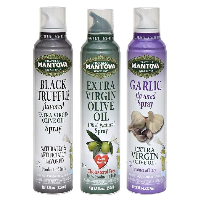Mantova Spray 100% Extra Virgin Olive Oil Variety Set - Black Truffle | Garlic | 8 Fl. Ounce. (Pack Of 3) - Product Of Italy