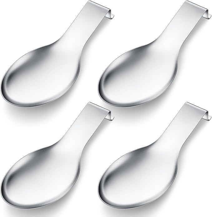 Nuanchu 4 Pcs Stainless Steel Spoon Rest Spatula Ladle Holder Spoon for Stove Top Heavy Duty Spatula Holder for Countertop Dishwasher Safe Utensil Rest for Kitchen, 3.8 x 9.6" (Silver)
