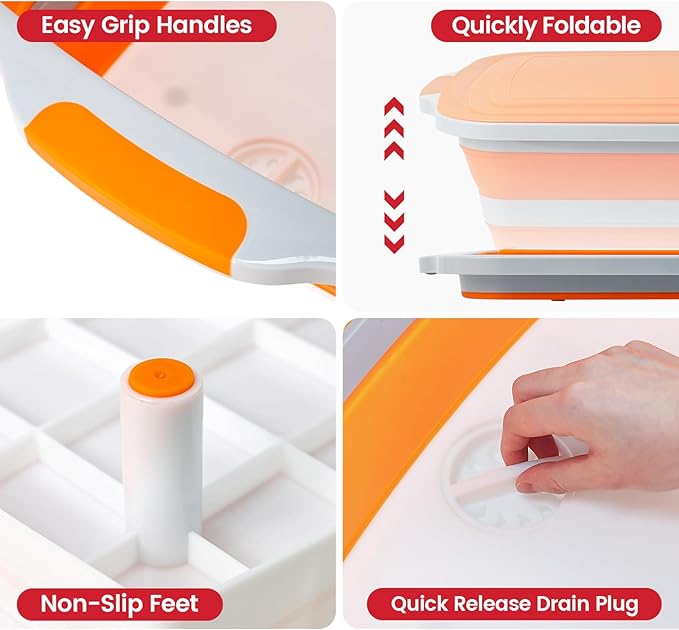 BBQ Prep Tub 3-IN-1 Large 30L Collapsible Cutting Board with Lid for Grill Meal Prep Marinating Food, Camping Sink with Colander, Dish Basin, Storage Blanket for Camping Picnic BBQ Grilling, Orange
