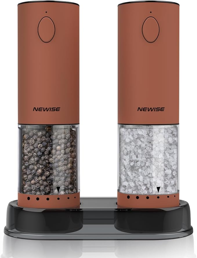 Newise Electric Salt and Pepper Grinder Set Rechargeable with LED Lights, Automatic Pepper & Salt Mill, Adjustable Coarseness, Large Capacity, Brown