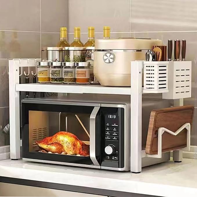 2-Tier Expandable Microwave Stand, Extendable Microwave Oven Rack with Storage Shelf Heavy Duty with 6 Hooks and Chopsticks Cutting Board Tools Holder for Kitchen(15.7~24.8" L)