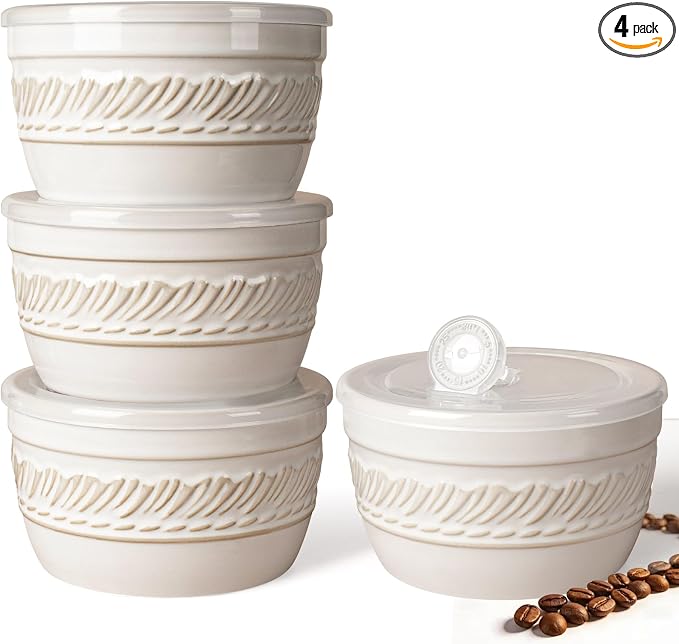 Artena Meal Prep Containers 22 OZ, 4 Pack Snack Containers, Reusable Food Storage Containers With Lids For Soup Yogurt Oatmeal Lunch Breakfast, Ceramic Cereal Bowls (White, Willow Leaf)