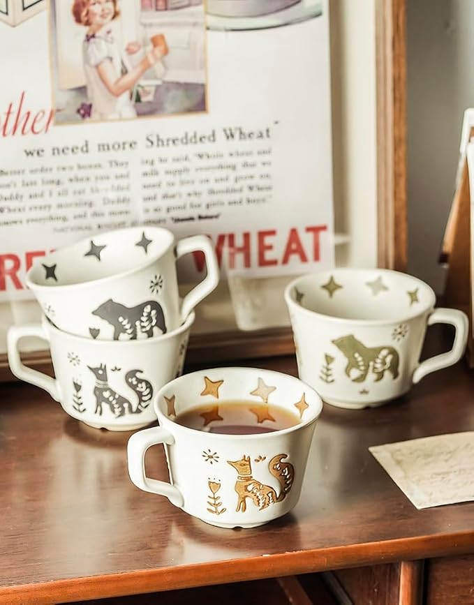 12OZ Stackable Coffee Mugs,Vintage Ceramic Coffee Mugs With Animal patterns for Man,Woman,Dad,Mom, Modern Coffee Mugs Set of 4 for Latte,Cappuccino,Cocoa. Dishwasher&Microwave Safe(golden)