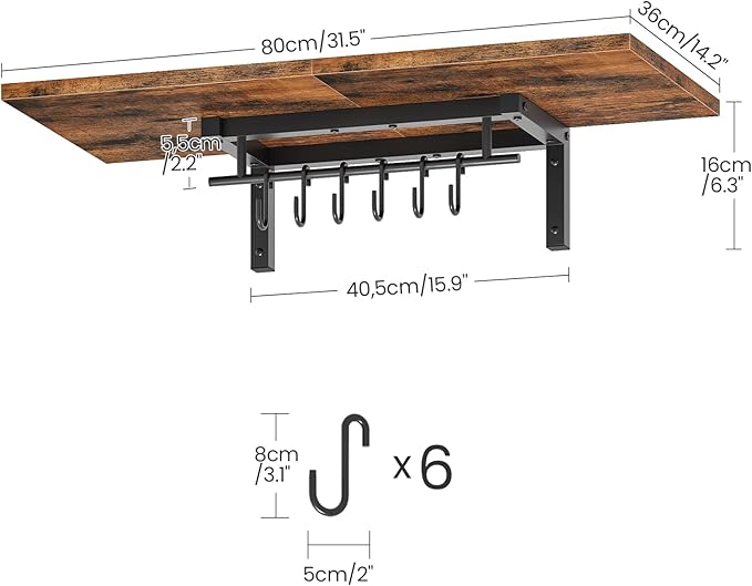 CHOEZON Wall-Mounted Pot Racks, Set of 2 Hanging Pot Rack, Floating Shelves, Vintage Pot Hangers for Kitchen, 2-Tier Hanging Shelves for Kitchen Storage, Rustic Brown and Black TPR27P2BF