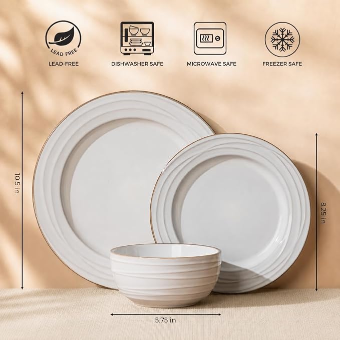 GBHOME Ceramic Dinnerware Sets,12 pcs Embossed Elegant Stoneware Plates and Bowls Sets, Housewarming Wedding Gift | Dishwasher & Microwave Safe | Dishes Set Service for 4