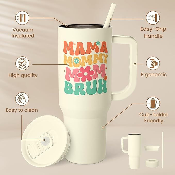 Mom Tumbler with Handle 40oz, Mama Mommy Mom Bruh Cup Stainless Steel Insulated Tumblers Coffee Travel Mugs, Gifts for Moms from Daughter Son, Best Mother Gift for Birthday Christmas Mothers Day