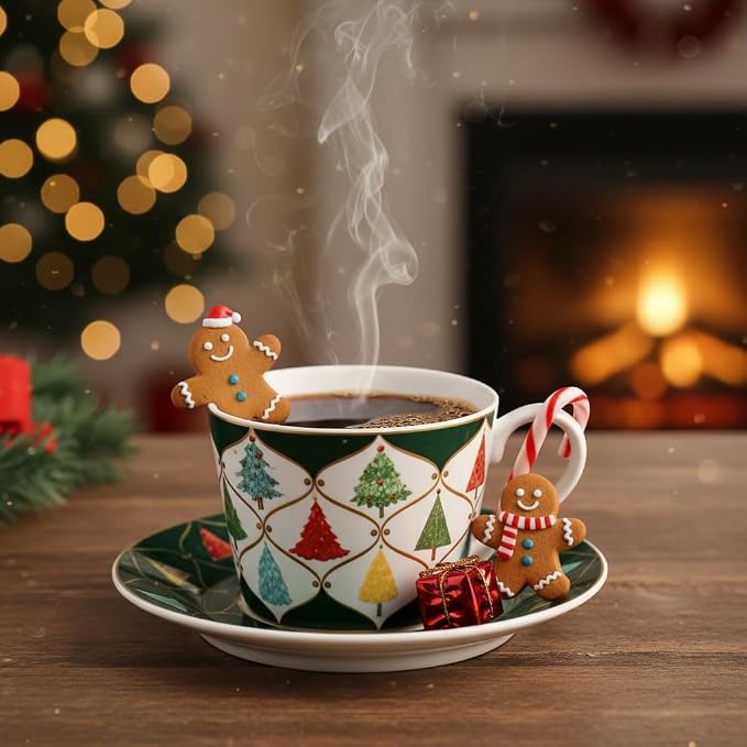 Espresso Cups and Saucers Set of 2, 4 oz Ceramic Small Coffee Mug with Handle,Green Gold Festive Tree Pattern for Tea, Latte, Cafe, Microwave & Dishwasher Safe, Decorative Holiday Gift Box