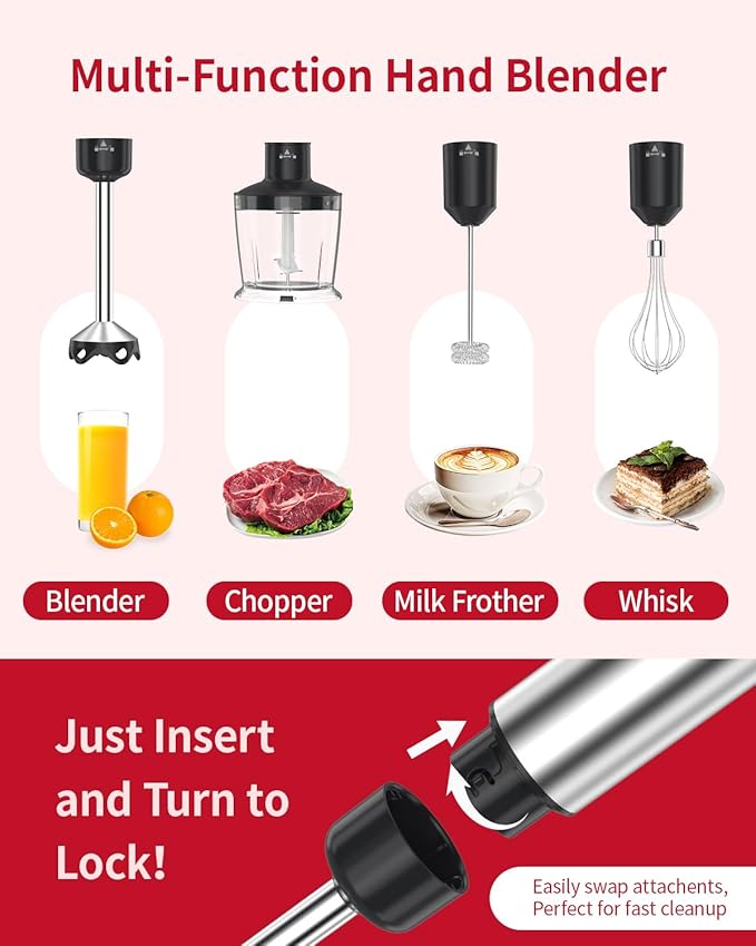 Electric Immersion Blender Handheld 1200W, 5-in-1 Hand Blender Mixer for Kitchen with 20-Speed & Turbo Boost, 800ml Beaker, 600ml Chopper, Whisk and Milk Frother for Smoothie, Soup, Puree, Baby Food
