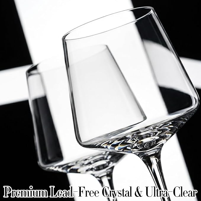 White Red Wine Glasses Set of 6 – 19oz Wine Glasses with Tall Long Stem,【Hand Blown】Crystal Wine Glasses- Square Wine Glasses with flat bottom,Thin Stem Wine Glasses,Clear Lead-Free Premium large