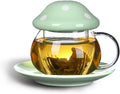 Mushroom Cup Cute Glass Tea Cup with Infuser and Lid Kawaii Mushroom Mug Set Coffee Teapot with Ceramic Coasters 11oz (Green)