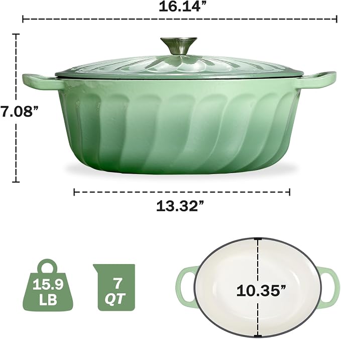 Enameled Dutch Oven Pot with Lid, 7 QT Cast Iron Dutch Oven with Dual Handles, Oval Dutch Oven for Cooking, Bread Baking, Frying, Non-stick Enamel Coated Oven (Pistachio Green)