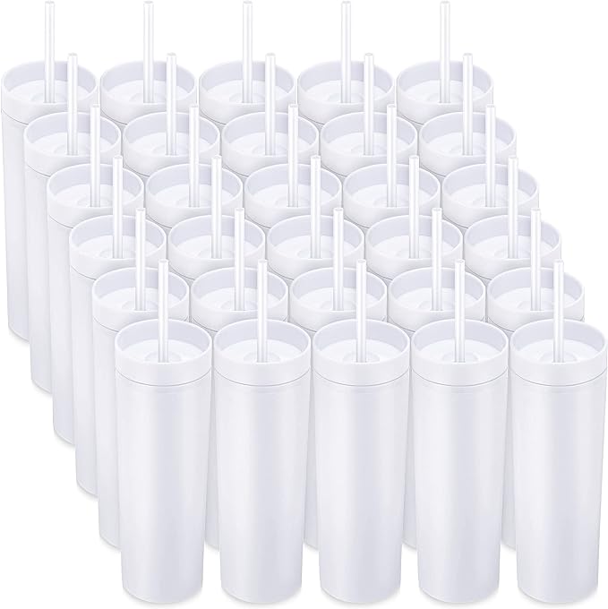 Mimorou 30 Pack Skinny Tumbler with Lids and Straws 16 oz Matte Acrylic Tumblers Straight Double Wall Plastic Reusable Cup Laser Engrave Customized DIY Gifts for Parties Birthday Home Office (White)