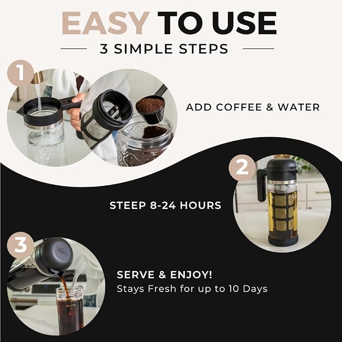 VINCI Cold Brew 360, Glass Cold Brew Coffee Maker Featuring Patented Dual Filter 360 Brewing Technology, Cold Brew for Iced Coffee (2.0 Liter / 68 FL.OZ)