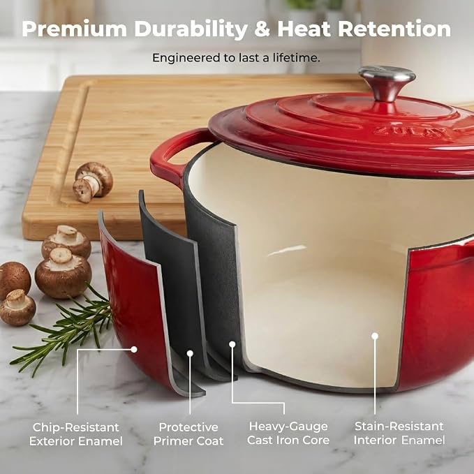 Zulay Kitchen 6.4QT Enameled Cast Iron Dutch Oven Pot with Lid, Heat Pad & Trivet, Heavy-Duty Soup Pot for Stews, Braising, Roasting & Sourdough Bread Baking, Oven Safe up to 500°F - Ablaze Red