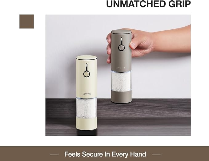 Stainless Steel Rechargeable Electric Salt and Pepper Grinder Set – USB Charging, One-Hand Electric Mill, Adjustable Coarseness, LED Light & Dust Cover –2pack(Greige & Buttercream)