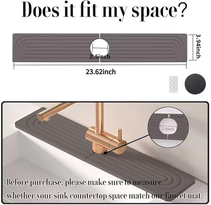 Quick Drying Stone Faucet Mat for Kitchen Sink, 23.6'' Long Diatomite Sink Tray, Faucet Splash Guard for Kitchen,Bathroom Counter, Prevents Moisture, Super Absorbent, White (Dark grey)