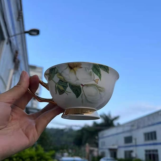 Honorable Coffee Cup Mug, Cappuccino, Tea Cup, with Saucer for Latte, Fine Bone Porcelain, Reactive Glaze, 6.8 Oz-1pcs (Pure White Camellia)
