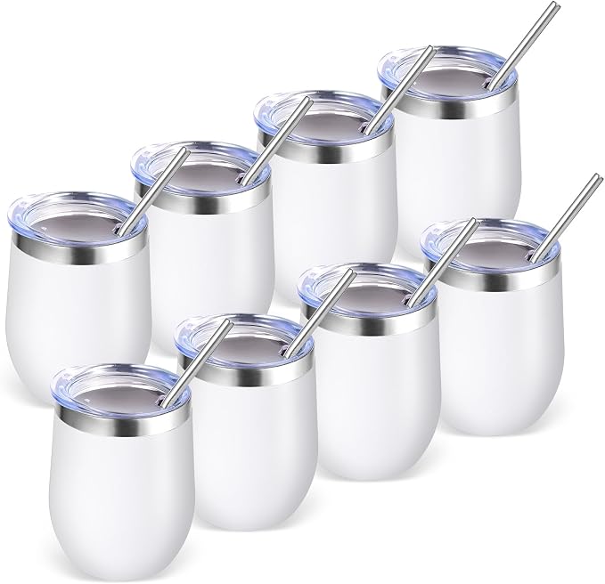 Volhoply 12oz Stainless Steel Wine Tumbler with Lid Bulk 8 Pack,Double Wall Vacuum Stemless Wine Glasses,Reusable Metal Travel Coffe Mug with Straw,Insulated Cup Gifts for Women,Christmas（White,8 Set）