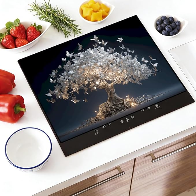 Stove Top Cover for Electric Stove 28.4 x 20.5 Inch Non Slip Stove Mat Oil Proof White Butterfly Tree Glass Cooktop Protector Kitchen Counter Mat