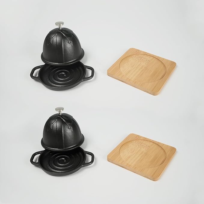 HAWOK Cast Iron Garlic Roaster with Bamboo Tray, Dia. 3.94 inch, BBQ Grill Garlic Baker, Mini Cocotte, Set of 2, Pre-Seasoned