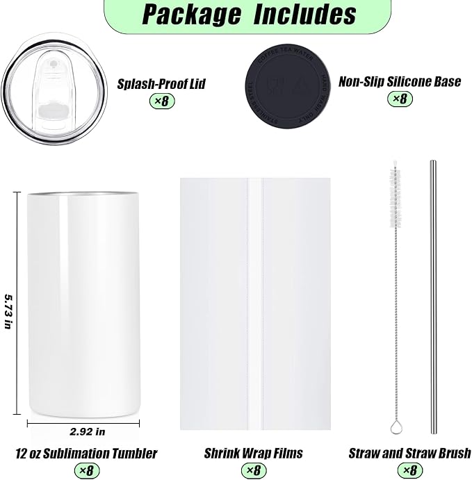 Draheri 12 Oz Sublimation Tumblers Blanks Bulk, Sublimation Cups for Kid with Straw and Brush, Stainless Steel Double Wall Insulated Mugs, Individually Boxed (8 Pack)