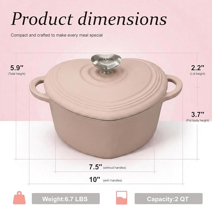 Overmont Heart-Shaped Enameled Cast Iron Dutch Oven, 2QT Pink Mini Pot with Lid for Cozy Meals, Soups & Small Batch Baking, Cute Kitchen Cookware Gift for Wedding, Housewarming & Birthday