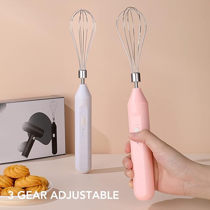 Electric Egg Beater Handheld USB Charging Milk Frother Portable Cordless Drink Mixer with Stainless Steel Whisk (White)