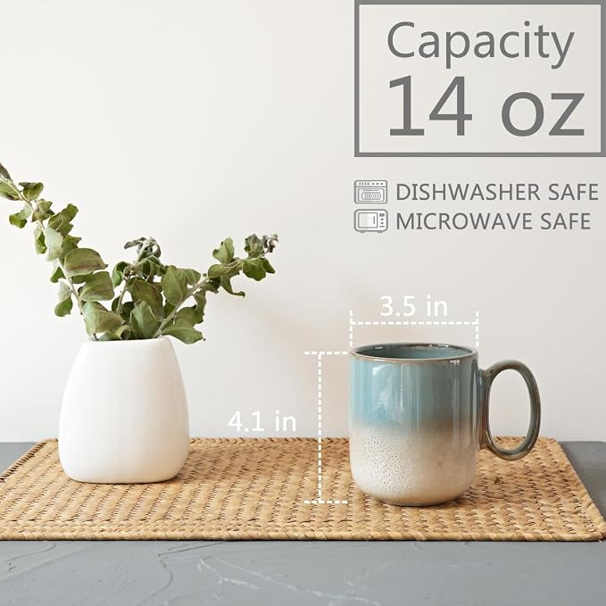Bosmarlin Ceramic Coffee Mug Set of 4, 14 Oz, Coffee Cups with Big Handle, Microwave Safe, Unique Reactive Glaze (Teal)