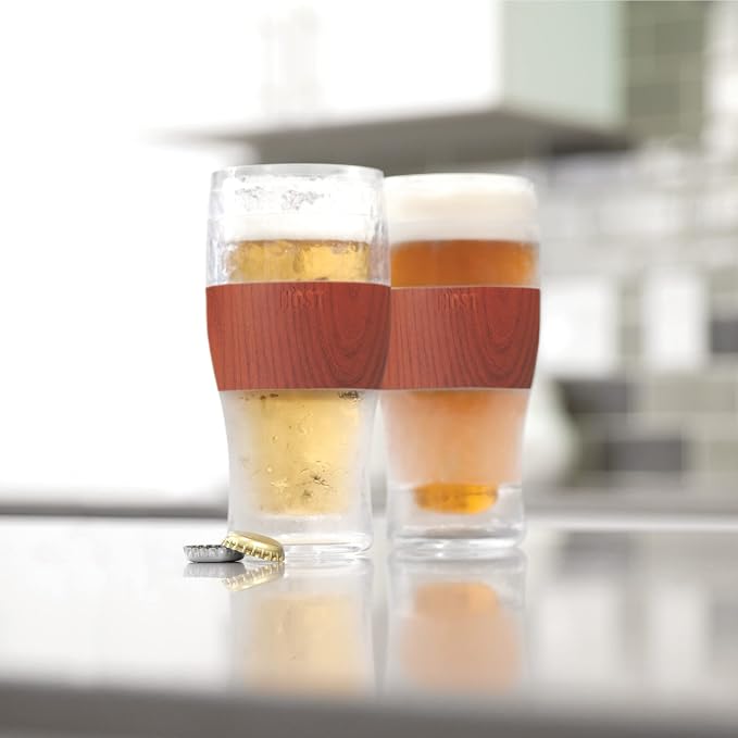 Host FREEZE Beer and Whiskey Glasses Set, Insulated Drinking Glasses, Freezable Pint Glass and Old Fashioned Glass with Silicone Bands, Perfect Gifts for Men, Dad Gifts, 16 oz & 9 oz, Set of 4, Wood