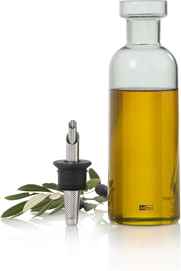 AdHoc AromaPour Oil & Vinegar Dispenser - Reusable, No-Drip Glass Container with Stainless Steel Filter - Dishwasher Safe - 16.6 oz