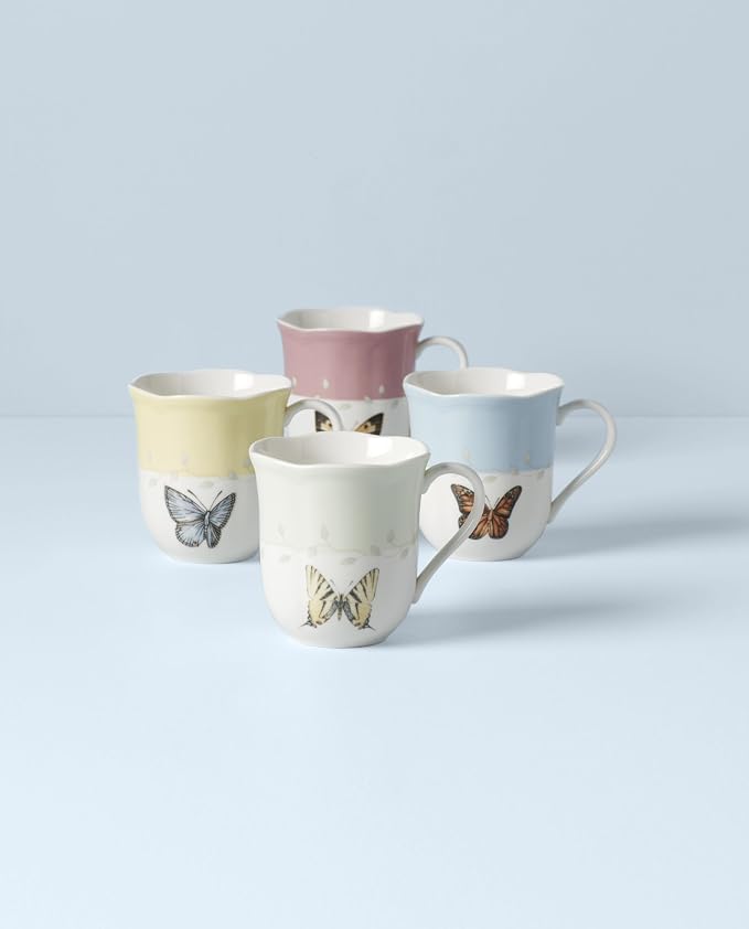 Lenox Coffee Mug Set, Butterfly Meadow Colors 4-Piece Mug Set, Service for 4, White Porcelain Mugs, 10 Oz Capacity, Microwave & Dishwasher Safe, Ceramic Mugs, Coffee Cups, Tea Cup (Assorted, 4 Piece)