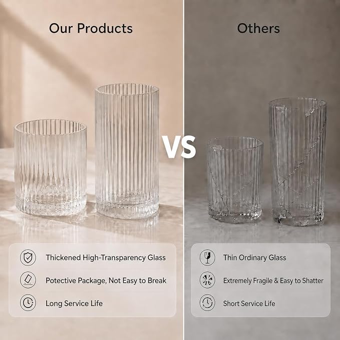 Ribbed Drinking Glasses 12pcs, 12oz and 10oz Glassware, Tumbler Glasses Cup Set for Wedding, Party, Christmas Gift, Clear