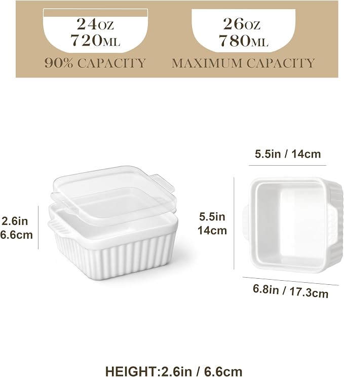 MALACASA Baking Dishes for Oven, Small Ceramic Baking Dishes with Silicone Lids for Individual Portions 5.5" x 5.5" Square Casserole Dishes Set of 2 Oven Microwave, and Air Fryer Safe, White