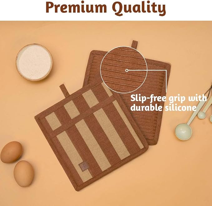 Folkulture Pot Holders for Kitchen | Pack of 2 (8x8) Ribbed Soft Silicone Hot Pads for Kitchen | Oven Pot Holders Set |Wooden Spoons for Cooking | 12" Premium Acacia Wooden Utensil Set of 5