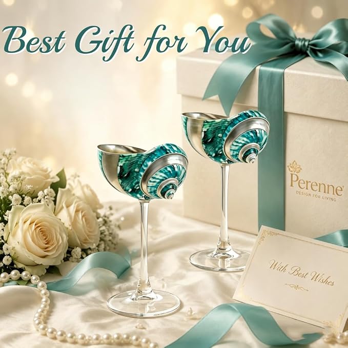 LYFJMUS 2 Pcs Seashell Wine Glasses Wedding Wine Glasses Conch Cup Martini Cocktail Glass Cup for Birthday Wedding Beach Bridesmaids Anniversary Party (Green+White, 6.3inch)