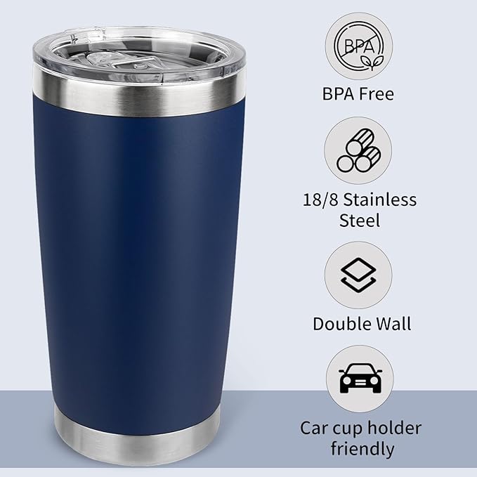 20oz Stainless Steel Tumbler Bulk with Lid, Travel Mug - Double Wall Vacuum Powder Coated Cup - Navy Blue, 6 Pack